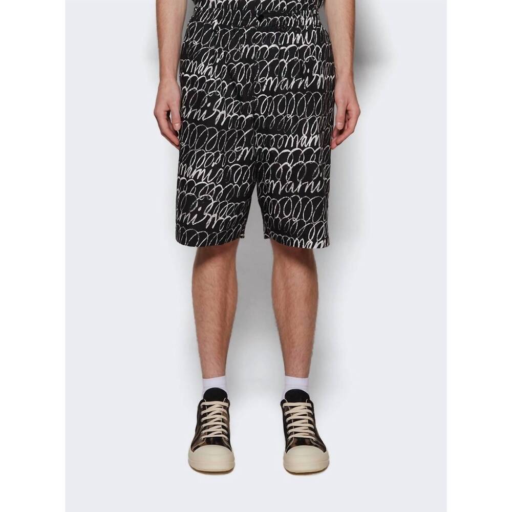 NEW MARNI scribbled popeline drawstring shorts in black